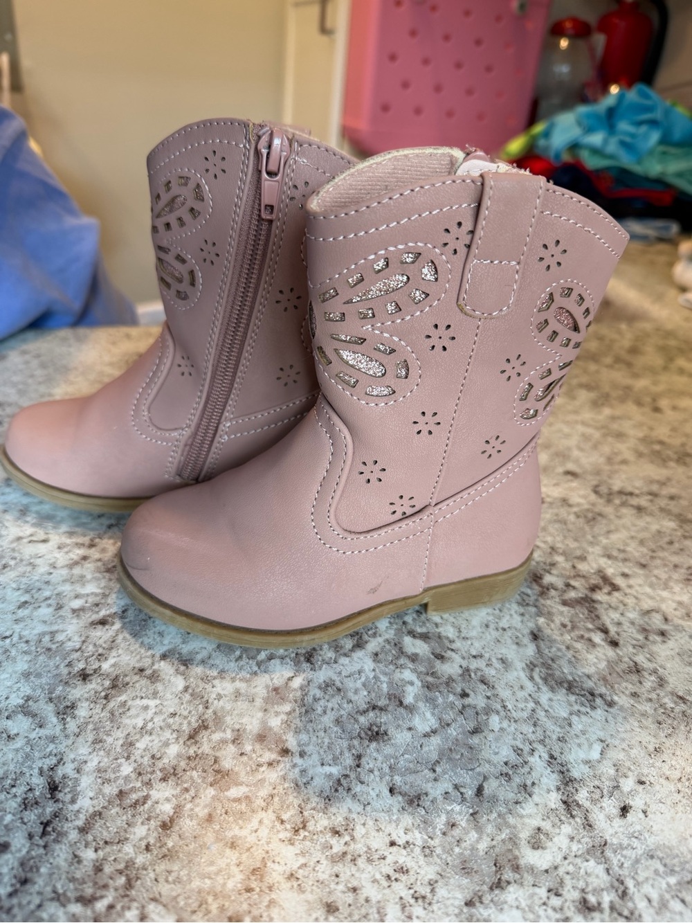 Toddler Girls Pink Western Cowboy Boots with Glitter Detail - Size 7